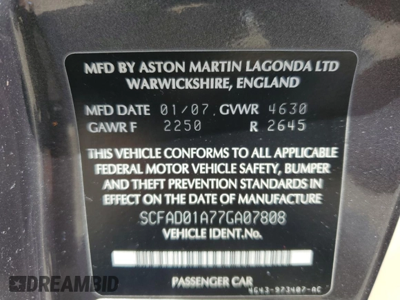 2007 Aston Martin DB9 z VIN SCFAD01A77GA07808, wystawiony jako Copart lot #48063115 z przebiegiem 53 195 mil mil oraz Szkody całkowita. Historia ofert i sprzedaży dostępna na DreamBid. Obrazek 13.