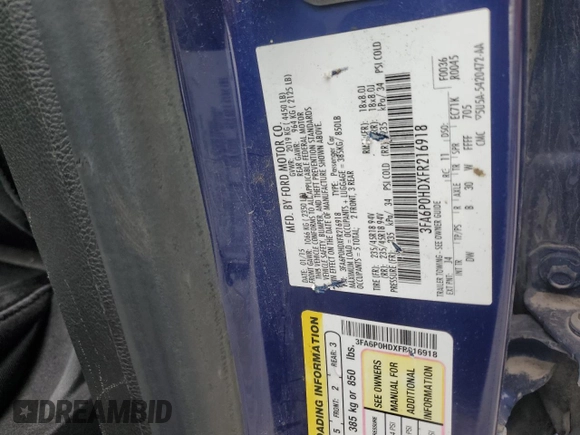 2015 Ford Fusion SE with VIN 3FA6P0HDXFR216918, listed as a Copart auction lot 55750565 with 152,102 mi miles and Salvage title. Bid and sale history available at DreamBid. Image 12.