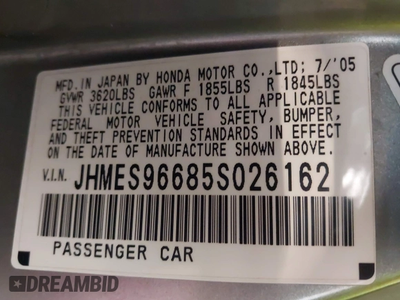 2005 Honda Civic with VIN JHMES96685S026162, listed as a IAAI auction lot 42011703 with 261,064 mi miles and . Bid and sale history available at DreamBid. Image 9.