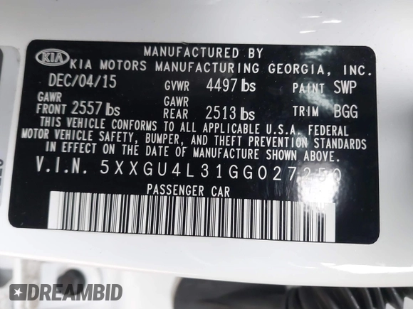 2016 Kia Optima EX with VIN 5XXGU4L31GG027250, listed as a IAAI auction lot 41881343 with 135,635 mi miles. Bid and sale history available at carsss.com. Image 9.