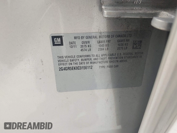 2012 Buick Regal с VIN 2G4GR5EK8C9156112, выставлен на аукционе IAAI как лот 41684294 с пробегом 119 260 миль миль и . История ставок и продаж доступна на DreamBid. Изображение 9.