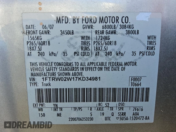 2007 Ford F-150 XLT z VIN 1FTRW02W17KD34981, wystawiony jako Copart lot #74465794 z przebiegiem 259 156 mil mil oraz Czysty tytuł • Clean title. Historia ofert i sprzedaży dostępna na DreamBid. Obrazek 12.