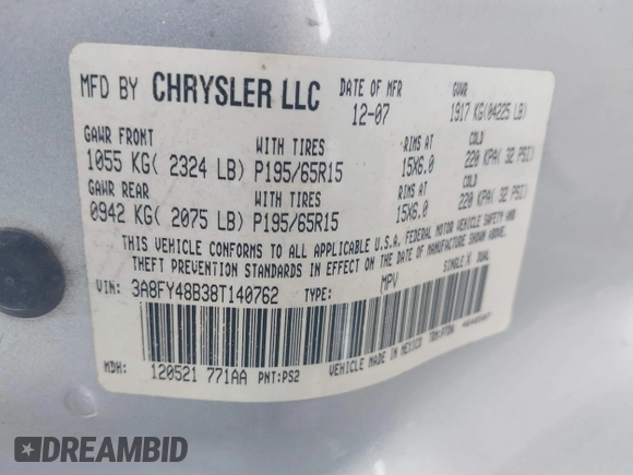 2008 Chrysler PT Cruiser z VIN 3A8FY48B38T140762, wystawiony jako IAAI lot #42291842 z przebiegiem 125 212 mil mil oraz . Historia ofert i sprzedaży dostępna na DreamBid. Obrazek 9.