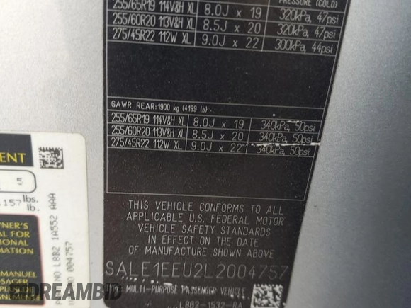 2020 Land Rover Defender HSE with VIN SALE1EEU2L2004757, listed as a Copart auction lot 59279455 with 50,081 mi miles and Salvage title. Bid and sale history available at DreamBid. Image 13.