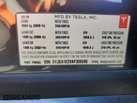 2019 Tesla Model S 75D with VIN 5YJSA1E2XKF305595, listed as a Copart auction lot 51838965 with Not provided miles and Salvage title. Bid and sale history available at DreamBid. Image 14.