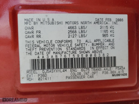 2009 Mitsubishi Galant Ralliart with VIN 4A3AB76T59E006382, listed as a Copart auction lot 50448545 with 122,912 mi miles and Clean Title. Bid and sale history available at carsss.com. Image 12.