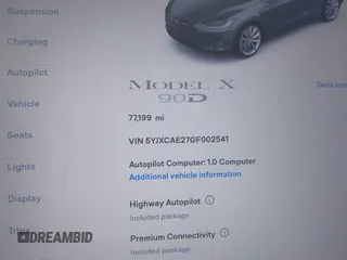 2016 Tesla Model X 70D z VIN 5YJXCAE27GF002541, wystawiony jako IAAI lot #41957228 z przebiegiem 77 199 mil mil oraz . Historia ofert i sprzedaży dostępna na DreamBid. Obrazek 7.