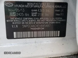 2014 Hyundai Sonata SE with VIN 5NPEC4AC4EH845487, listed as a Copart auction lot 41871765 with Not Provided miles and Salvage Title. Bid and sale history available at DreamBid. Image 12.
