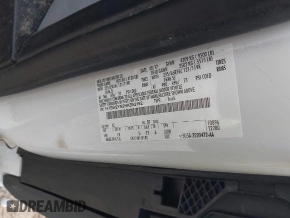 2017 Ford Transit with VIN 1FTBW2YM2HKB52162, listed as a IAAI auction lot 41908163 with 152,751 mi miles and . Bid and sale history available at DreamBid. Image 9.