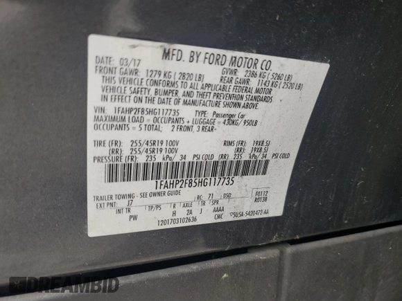 2017 Ford Taurus Limited with VIN 1FAHP2F85HG117735, listed as a Copart auction lot 51707915 with 116,052 mi miles and Clean Title. Bid and sale history available at DreamBid. Image 12.