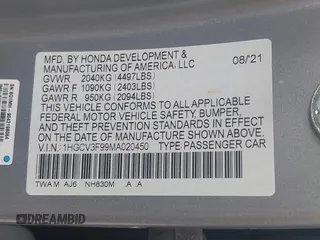 2021 Honda Accord Touring with VIN 1HGCV3F99MA020450, listed as a IAAI auction lot 42194371 with 19,206 mi miles and . Bid and sale history available at DreamBid. Image 9.