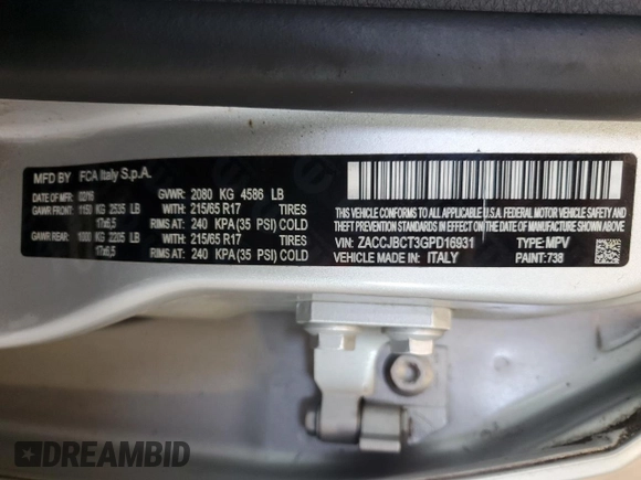 2016 Jeep Renegade Trailhawk with VIN ZACCJBCT3GPD16931, listed as a Copart auction lot 61857235 with 52,490 mi miles and Salvage title. Bid and sale history available at DreamBid. Image 13.