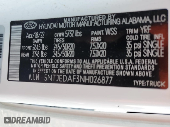 2022 Hyundai Santa Cruz Limited z VIN 5NTJEDAF3NH026877, wystawiony jako Copart lot #58475455 z przebiegiem 22 502 mil mil oraz Szkoda całkowita • Salvage title. Historia ofert i sprzedaży dostępna na DreamBid. Obrazek 12.