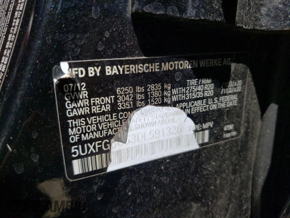 2013 BMW X6 xDrive50i with VIN 5UXFG8C53DL591326, listed as a Copart auction lot 67982234 with 100,041 mi miles and Salvage Title. Bid and sale history available at carsss.com. Image 13.