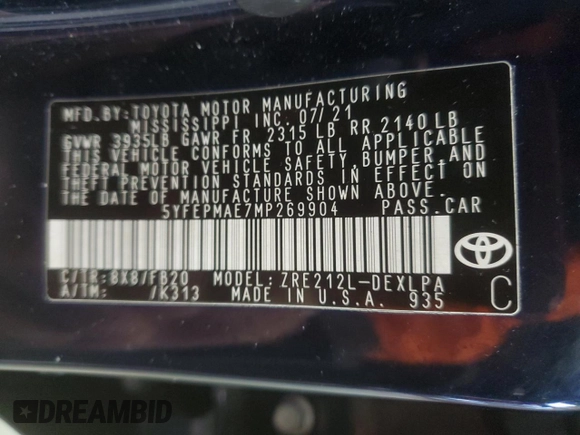 2021 Toyota Corolla LE with VIN 5YFEPMAE7MP269904, listed as a Copart auction lot 52241115 with 68,669 mi miles and Salvage Title. Bid and sale history available at carsss.com. Image 14.