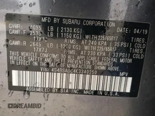 2019 Subaru Outback with VIN 4S4BSABC4K3340250, listed as a Copart auction lot 60686445 with Not provided miles and Salvage title. Bid and sale history available at DreamBid. Image 14.