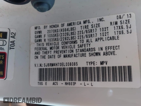 2014 Honda CR-V EX-L with VIN 5J6RM4H70EL008085, listed as a IAAI auction lot 41754259 with 77,251 mi miles. Bid and sale history available at carsss.com. Image 9.
