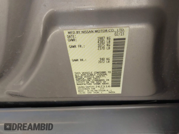 2015 Nissan Altima SL with VIN 1N4BL3AP5FC267516, listed as a IAAI auction lot 41899295 with 97,479 mi miles and . Bid and sale history available at DreamBid. Image 9.