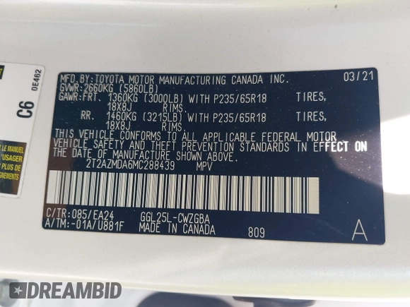 2021 Lexus RX 350 with VIN 2T2AZMDA6MC288439, listed as a IAAI auction lot 42514163 with 60,048 mi miles and . Bid and sale history available at DreamBid. Image 9.