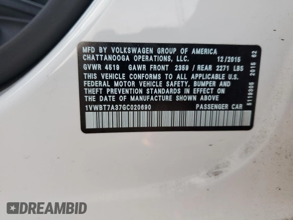 2016 Volkswagen Passat SE с VIN 1VWBT7A37GC020690, выставлен на аукционе Copart как лот 65091314 с пробегом 89 027 миль миль и Списание • Salvage title. История ставок и продаж доступна на DreamBid. Изображение 14.