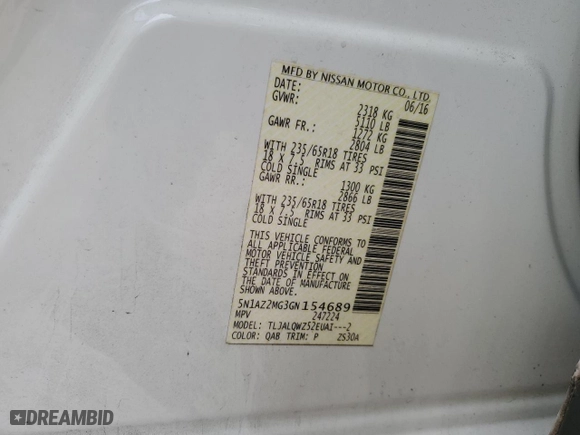 2016 Nissan Murano SV with VIN 5N1AZ2MG3GN154689, listed as a Copart auction lot 45971115 with 142,344 mi miles and Salvage Title. Bid and sale history available at carsss.com. Image 15.