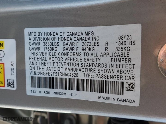2024 Honda Civic Sedan Sport with VIN 2HGFE2F51RH504626, listed as a Copart auction lot 46543085 with 10,928 mi miles and Salvage Title. Bid and sale history available at carsss.com. Image 12.