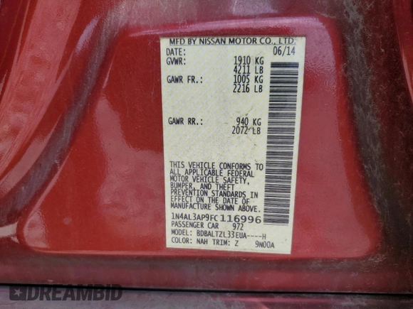2015 Nissan Altima SL with VIN 1N4AL3AP9FC116996, listed as a Copart auction lot 57639335 with 149,325 mi miles and Salvage title. Bid and sale history available at DreamBid. Image 13.