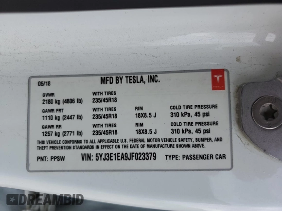 2018 Tesla Model 3 Long Range Battery with VIN 5YJ3E1EA9JF023379, listed as a Copart auction lot 47531895 with 87,613 mi miles and Salvage Title. Bid and sale history available at DreamBid. Image 13.