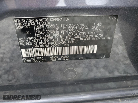 2011 Toyota RAV4 Sport with VIN JTMRK4DV6B5106005, listed as a Copart auction lot 63133485 with 189,910 mi miles and Clean title. Bid and sale history available at DreamBid. Image 13.