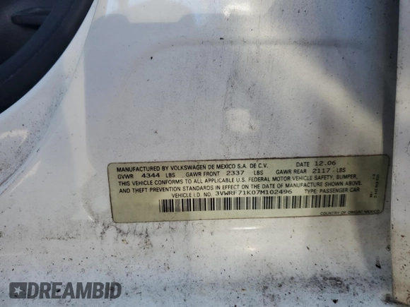 2007 Volkswagen Jetta 2.5 with VIN 3VWRF71K07M102496, listed as a Copart auction lot 52009455 with 274,024 mi miles and Clean title. Bid and sale history available at DreamBid. Image 14.