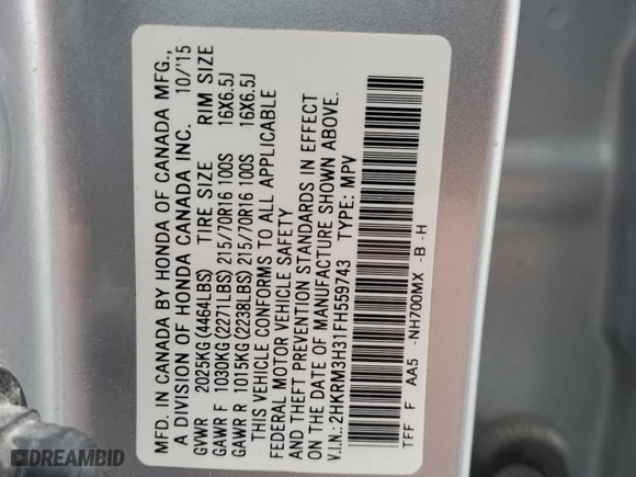 2015 Honda CR-V LX with VIN 2HKRM3H31FH559743, listed as a Copart auction lot 87619885 with 0 mi miles and Salvage Title. Bid and sale history available at carsss.com. Image 13.