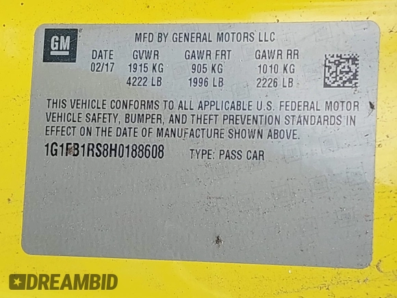 2017 Chevrolet Camaro 1LT with VIN 1G1FB1RS8H0188608, listed as a IAAI auction lot 42209065 with Not Provided miles and . Bid and sale history available at DreamBid. Image 9.