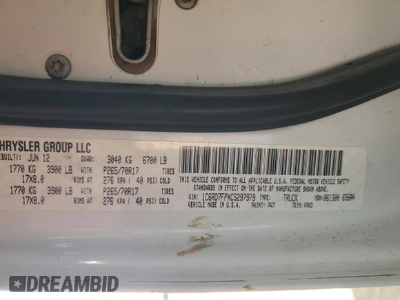 2012 Ram 1500 Tradesman with VIN 1C6RD7FPXCS297979, listed as a Copart auction lot 54956415 with 322,917 mi miles and Clean Title. Bid and sale history available at carsss.com. Image 12.