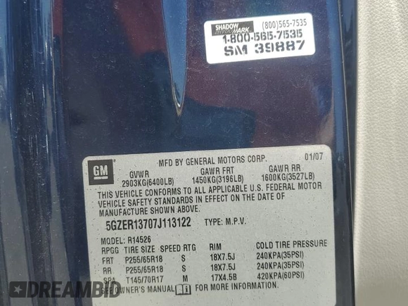 2007 Saturn Outlook XE z VIN 5GZER13707J113122, wystawiony jako Copart lot #57472165 z przebiegiem Nie podano mil oraz Tytuł czysty. Historia ofert i sprzedaży dostępna na DreamBid. Obrazek 13.