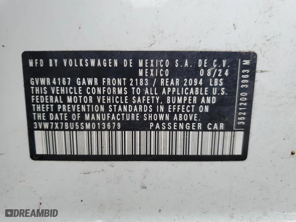 2025 Volkswagen Jetta SE with VIN 3VW7X7BU5SM013679, listed as a Copart auction lot 86745274 with 12,380 mi miles and Salvage Title. Bid and sale history available at carsss.com. Image 14.