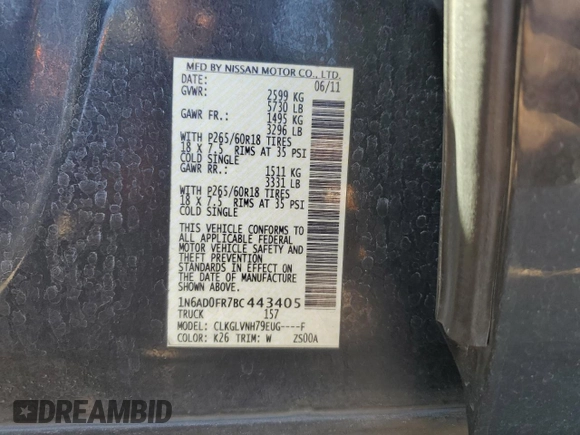 2011 Nissan Frontier SV with VIN 1N6AD0FR7BC443405, listed as a Copart auction lot 44217825 with 116,917 mi miles and Salvage title. Bid and sale history available at DreamBid. Image 14.