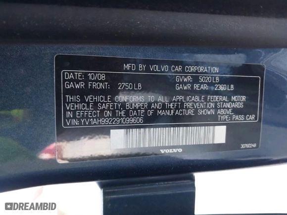 2009 Volvo S80 I6 Turbo with VIN YV1AH992291099606, listed as a IAAI auction lot 41813240 with 128,480 mi miles. Bid and sale history available at carsss.com. Image 9.