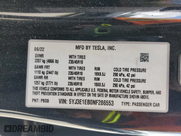 2022 Tesla Model 3 Long Range with VIN 5YJ3E1EB0NF286553, listed as a Copart auction lot 54076395 with 95,353 mi miles and Clean Title. Bid and sale history available at carsss.com. Image 12.