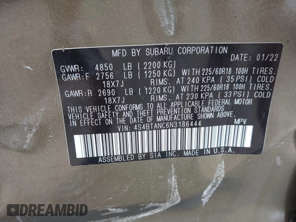 2022 Subaru Outback Limited z VIN 4S4BTANC6N3186444, wystawiony jako IAAI lot #42277382 z przebiegiem 24 256 mil mil oraz . Historia ofert i sprzedaży dostępna na DreamBid. Obrazek 9.