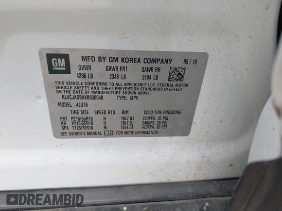2019 Buick Encore Preferred with VIN KL4CJASBXKB930648, listed as a IAAI auction lot 41892692 with 61,448 mi miles. Bid and sale history available at carsss.com. Image 9.