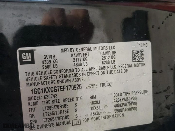 2014 Chevrolet Silverado 2500HD LT with VIN 1GC1KXCG7EF170926, listed as a Copart auction lot 46616805 with 0 mi miles and Salvage Title. Bid and sale history available at carsss.com. Image 12.