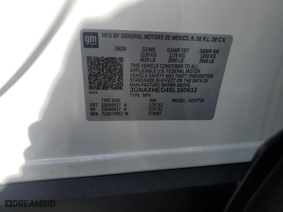 2025 Chevrolet Equinox FWD LT with VIN 3GNAXHEG4SL160612, listed as a Copart auction lot 49903925 with 28 mi miles and Salvage Title. Bid and sale history available at carsss.com. Image 14.