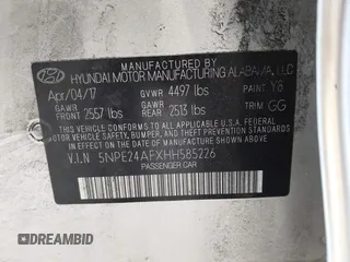 2017 Hyundai Sonata SE with VIN 5NPE24AFXHH585226, listed as a IAAI auction lot 42144165 with 191,037 mi miles and . Bid and sale history available at DreamBid. Image 9.