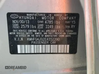 2014 Hyundai Azera with VIN KMHFG4JG2EA352390, listed as a Copart auction lot 63272665 with 158,667 mi miles and Clean title. Bid and sale history available at DreamBid. Image 12.