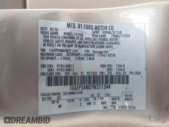 2007 Ford Focus S with VIN 1FAFP34N07W271344, listed as a IAAI auction lot 42484330 with 125,625 mi miles and . Bid and sale history available at DreamBid. Image 9.