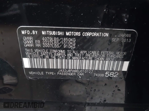 2014 Mitsubishi Lancer GT with VIN JA32U8FW9EU010127, listed as a IAAI auction lot 41182463 with Not Provided miles and . Bid and sale history available at DreamBid. Image 9.