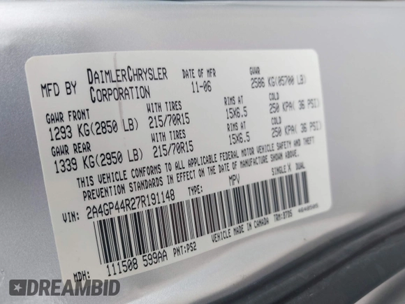2007 Chrysler Town & Country with VIN 2A4GP44R27R191148, listed as a IAAI auction lot 42171218 with 150,670 mi miles and . Bid and sale history available at DreamBid. Image 9.