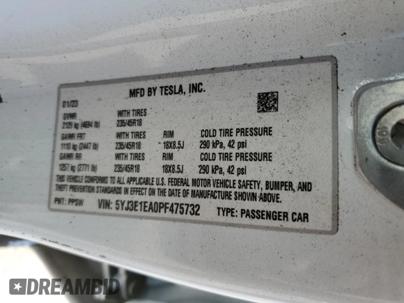 2023 Tesla Model 3 с VIN 5YJ3E1EA0PF475732, выставлен на аукционе Copart как лот 46146445 с пробегом 12 649 миль миль и Списание • Salvage title. История ставок и продаж доступна на DreamBid. Изображение 12.