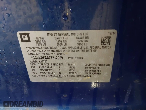 2015 Chevrolet Silverado 1500 LT with VIN 1GCVKREC0FZ212909, listed as a IAAI auction lot 41708408 with Not Provided miles. Bid and sale history available at carsss.com. Image 9.