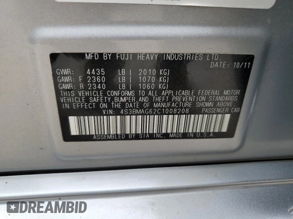 2012 Subaru Legacy Premium z VIN 4S3BMAG62C1008208, wystawiony jako Copart lot #72139364 z przebiegiem 138 825 mil mil oraz Szkoda całkowita • Salvage title. Historia ofert i sprzedaży dostępna na DreamBid. Obrazek 13.